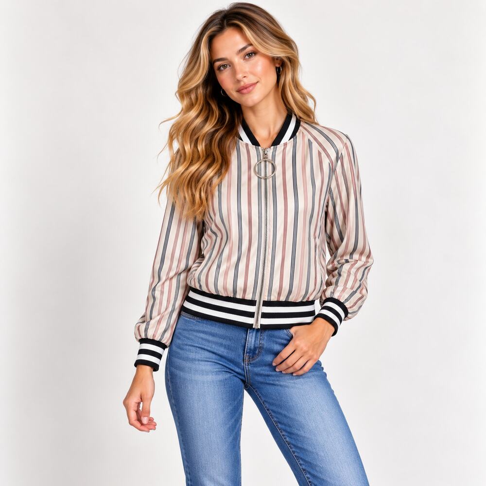 The Fifth Label Bomber Jacket Womens Size XXS Striped Sand Red Silky Streetwear